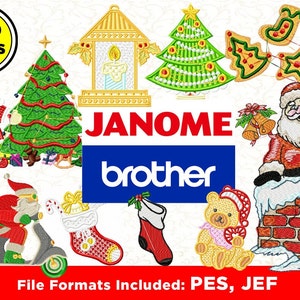 May include: A collection of 480 Christmas embroidery designs for Janome and Brother sewing machines. The designs include Santa Claus, a Christmas tree, a stocking, a gingerbread house, and a teddy bear. File formats included: PES, JEF.