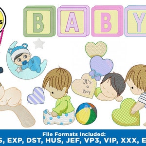 Pode incluir: Um conjunto de 125 desenhos de bordado com ilustrações de temática infantil. Os desenhos incluem um bebê dormindo em uma mão, um bebê em uma lua crescente, um bebê com uma chupeta, um bebê em um berço, um bebê com uma bola e um bebê com um coração. Os desenhos são de várias cores, incluindo azul, verde, rosa, amarelo e branco. O texto "BABY" é exibido em blocos coloridos.