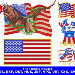 Pode incluir: Um conjunto de 30 desenhos de bordado com temas patrióticos americanos. Os desenhos incluem uma águia com as asas abertas, uma bandeira americana a ondular, uma roda de vento, um chapéu de copa e uma caneca com as palavras "FOREVER" e "U.S.A."