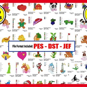 Pode incluir: Um gráfico colorido que mostra 960 desenhos de bordado por 4 €. Os desenhos incluem uma variedade de temas, como animais, comida e feriados. Os formatos de arquivo incluídos são PES, DST e JEF.