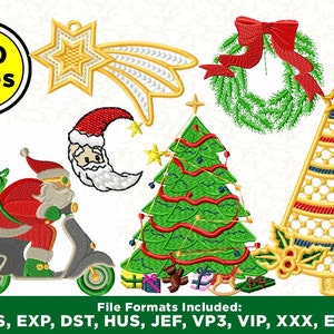 Pode incluir: Um conjunto de 160 desenhos de bordado de Natal em vários formatos, incluindo PES, EXP, DST, HUS, JEF, VP3, VIP, XXX e EMD. Os desenhos apresentam uma variedade de temas festivos, como Papai Noel, uma árvore de Natal, uma estrela, uma coroa e uma meia.