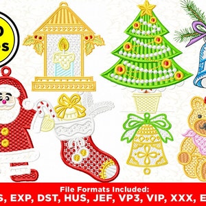 Pode incluir: Um conjunto de 150 desenhos de bordado de Natal em vários formatos de arquivo, incluindo PES, EXP, DST, HUS, JEF, VP3, VIP, XXX e EMD. Os desenhos apresentam uma variedade de temas festivos, como Papai Noel, uma árvore de Natal, uma meia, um sino, uma vela e um urso de pelúcia.