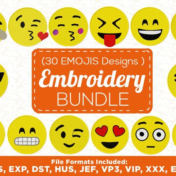 Pacchetto di disegni di ricamo, 30 disegni di ricamo Emoji, applique Emoji, ricamo Emoticon, ricamo faccina sorridente, Download istantaneo