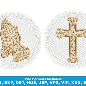 Pode incluir: Dois desenhos de bordado, um de um par de mãos em posição de oração e o outro de uma cruz com detalhes ornamentados. Ambos os desenhos são de cor dourada e estão sobre um fundo branco.