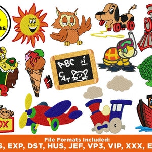Pode incluir: Um conjunto de 140 desenhos de bordado coloridos com vários temas, incluindo animais, veículos e objetos. Os desenhos estão disponíveis em múltiplos formatos de arquivo, incluindo PES, EXP, DST, HUS, JEF, VP3, VIP, XXX e EMD.