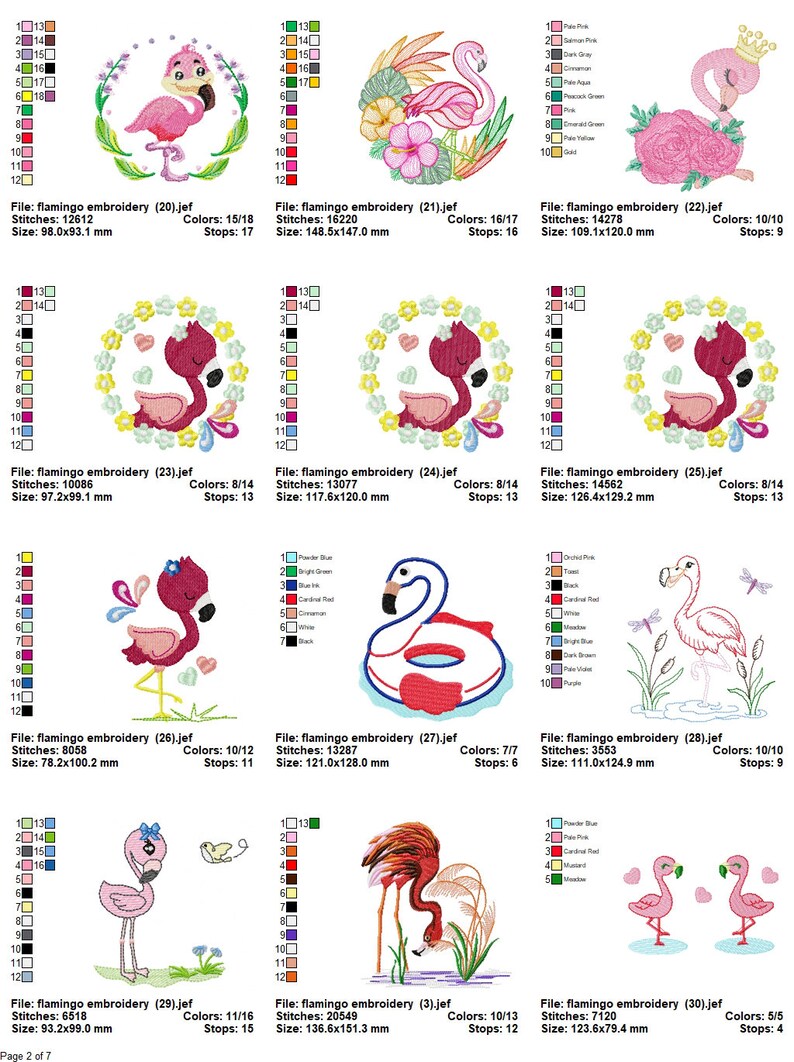 Puede incluir: Un conjunto de 10 dise&ntilde;os de bordado que representan flamencos rosas en varias poses. Los dise&ntilde;os incluyen flamencos con flores, corazones, una corona, un salvavidas, lib&eacute;lulas y m&aacute;s. Los dise&ntilde;os son perfectos para agregar un toque de estilo tropical a tus proyectos.
