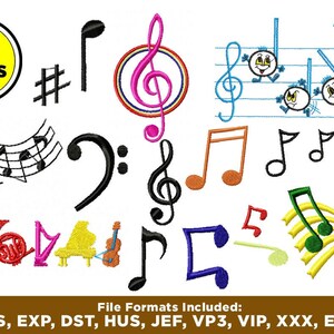Pode incluir: Um conjunto de 25 desenhos de bordado que representam notas musicais, claves e instrumentos. Os desenhos são de várias cores, incluindo preto, branco, vermelho, azul, verde, amarelo e laranja. Os formatos de arquivo incluídos são PES, EXP, DST, HUS, JEF, VP3, VIP, XXX e EMD.