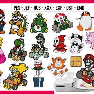 135 Designs, Super Mario Machine Embroidery Designs, Mario Embroidery, Mario Kart Embroidery, Princess Peach, Luigi, Bowser
