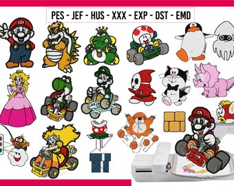 135 Designs, Super Mario Machine Embroidery Designs, Mario Embroidery, Mario Kart Embroidery, Princess Peach, Luigi, Bowser