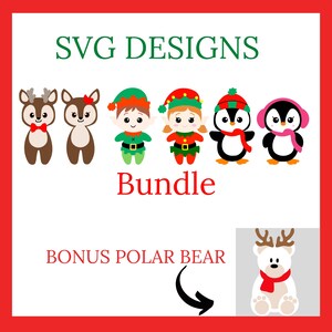 Paquete SVG de Navidad con bono de oso polar. Incluye ciervos de lluvia machos y hembras, elfos y pingüinos. Descarga digital, multicapa