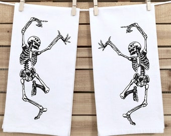 Tea Towels, Set of 2, Dancing Skeletons, Kitchen or Bathroom, Halloween Decoration