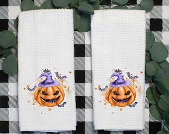 Halloween Tea Towels, Set of 2, Jack O'Lantern, Halloween Decorations, Orange, PurplePumpkin, Indoor,Outdoor