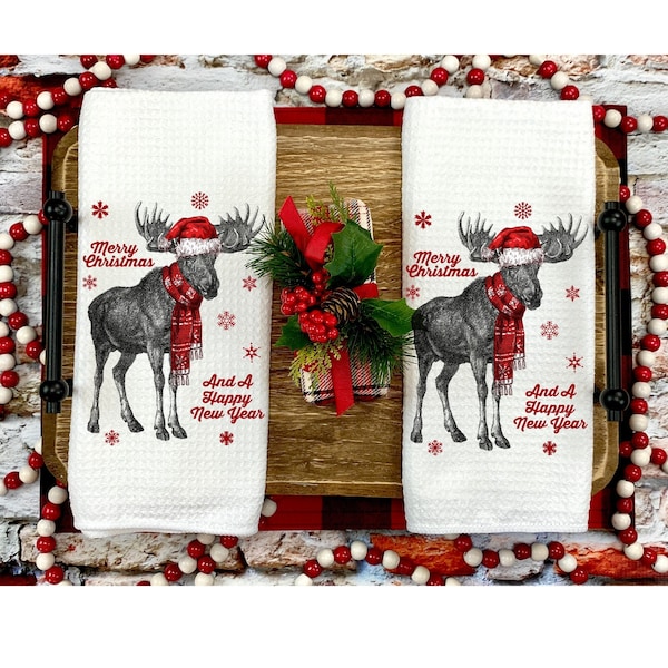 Christmas Tea Towels, Set of 2, Christmas Moose, Kitchen and Bathroom, Holiday Gift Guide, Christmas Gift Idea