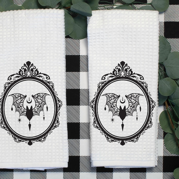 Tea Towels, Set of 2, Victorian, Gothic Bat, Kitchen or Bath Decoration, Spooky, Halloween Gift