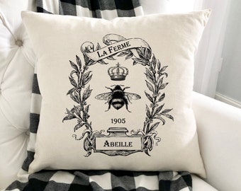French Country Bee, LaFerme, Throw Pillow Cover, Honey Bee Pillow, French Bee, Spring, Summer, Indoor, Outdoor, Living room decor, Patio Bee