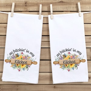 Kitchen Towels, Set of 2, Mother's Day Gift, Bright Floral, No Bitchn, Soft Microfiber, For Hands and Dishes