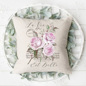 French Country Roses, Throw Pillow Cover, La Vie, Pink Roses, Indoor, Outdoor, Spring Summer