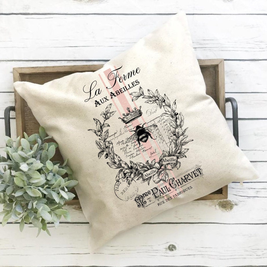 French Country, Pillow Cover, Rustic Bee, Spring, Summer, Housewarming Gift, 16 or 18 inch, Pink Grain Sack