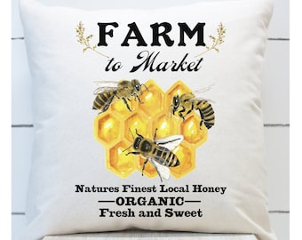 Pillow Cover. Country Farmhouse, Farm To Market Bees, Spring, Summer, Yellow, Indoor, Outdoor, Patio Décor, Housewarming, Hostess Gift