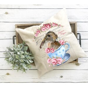 French Country, Shabby Chic, Throw Pillow Cover, Bunny, Tea Cup, Spring, Mother&#39;s Day, Summer, Cute, indoor, outdoor