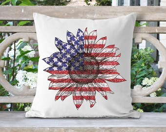 Throw Pillow Cover, American Sunflower, 4th of July, Americana, Red White and Blue, Sunflowers, Summer