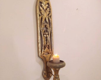 Wall hanging big Candle Holder, Vintage Style Candle Holder, Handcarved Wooden Candle Holder, Distressed Gold Candle Holder