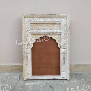 White Rustic Wall Mirror, Boho Vintage Style Carved Mirror, Indian Wooden Mirror Frame, Distressed Finish Indian Mirror