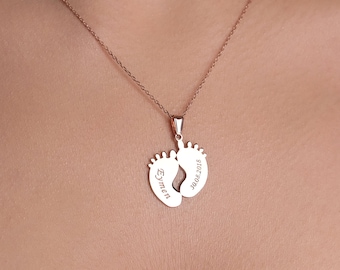 Mom Necklace With Feet, Solid Silver Baby Footprint Necklace, Baby Handprint Necklace, Personalised Mothers Day Gift, Grandma's Gift,Jewelry