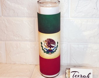 Mexican Hispanic Grunge Flag  Candle, 8" white unscented glass