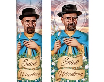 Saint Heisenberg Walter White Breaking Bad Celebrity Prayer Devotional Altar Parody Candle, 8" white unscented glass