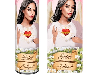 Saint Aaliyah Celebrity Prayer Devotional Parody Altar Candle, 8" white unscented