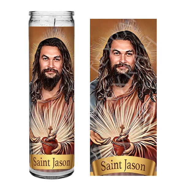 Saint Jason Momoa Celebrity Prayer Devotional Parody Altar Candle, 8" white unscented