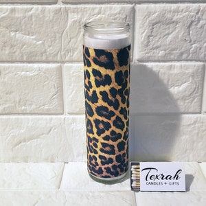 Leopard Animal Print Candle, 8" white unscented glass