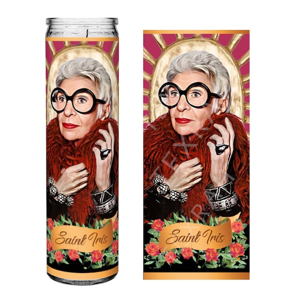 Saint Iris Apfel Prayer Devotional Parody Candle, 8" white unscented glass