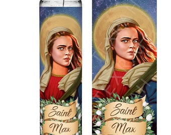 Saint Max Mayfield Stranger Things Sadie Sink Prayer Devotional Parody Candle, 8" white unscented glass