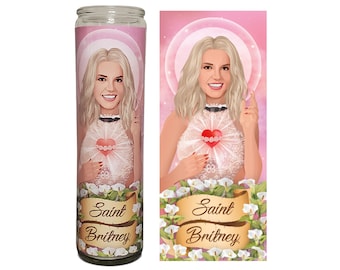 Saint Britney Spears Celebrity Prayer Devotional Parody Candle, 8" white unscented glass