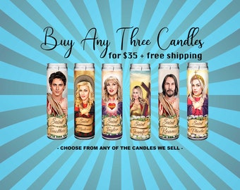 Buy Any 3 Celebrity Saint Prayer Parody Candles - 8 inch, White, Unscented Glass