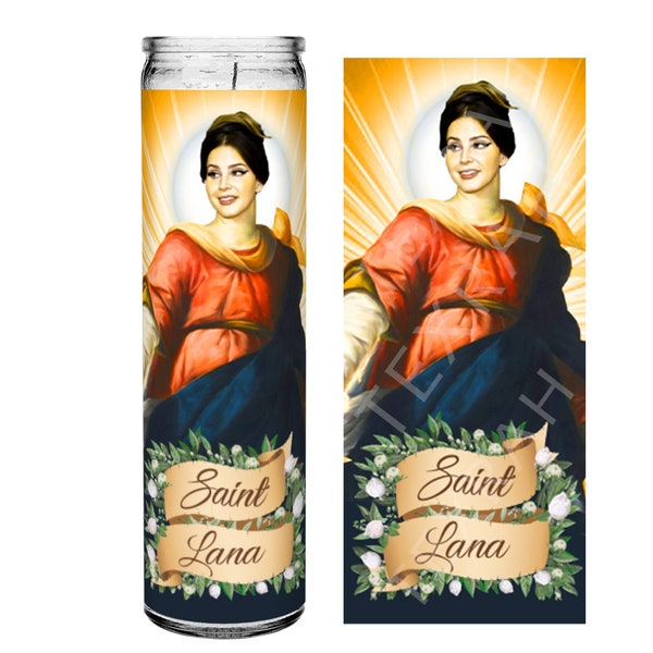 Saint Lana Del Ray Celebrity Prayer Devotional Parody Altar Candle, 8" white unscented glass