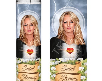 Saint Stormy Daniels Celebrity Prayer Devotional Parody Altar Candle, 8" white unscented