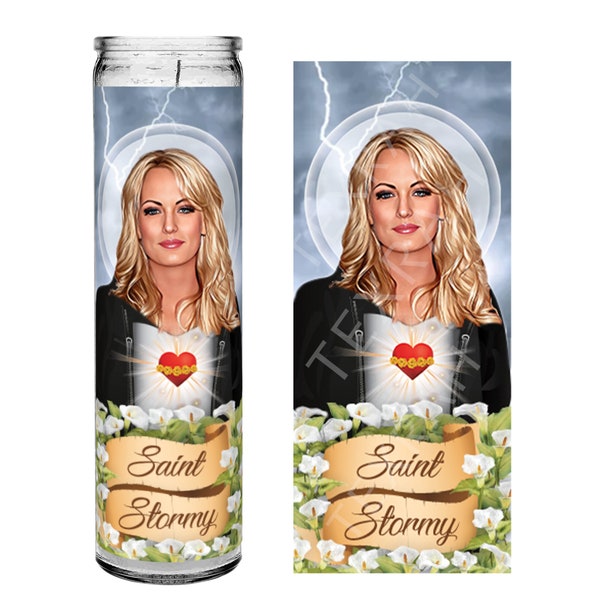 Saint Stormy Daniels Celebrity Prayer Devotional Parody Altar Candle, 8" white unscented