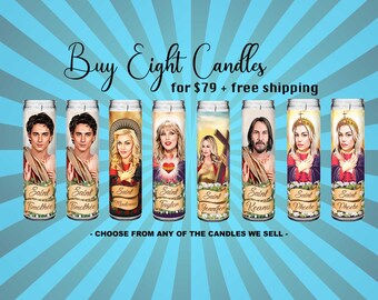 Buy Any 8 Celebrity Saint Prayer Parody Candles - 8 inch, White, Unscented Glass