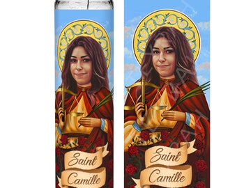 Saint Camille Vasquez Celebrity Prayer Devotional Parody Candle, 8" white unscented glass