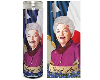 Saint Ann Richards Celebrity Prayer Devotional Parody Candle, 8" white unscented glass