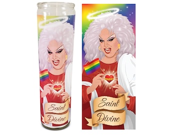 Saint Divine Queen of Filth Gay Icon Celebrity Prayer Devotional Parody Candle - Funny, Novelty Gift - 8 inch, White, Unscented Glass