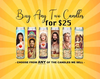 Buy Any 2 Celebrity Saint Prayer Parody Candles - 8 inch, White, Unscented, Glass