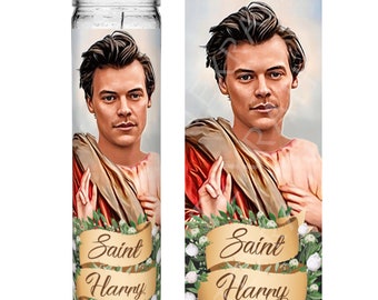 Saint Harry Styles Celebrity Prayer Devotional Parody Candle, 8" white unscented glass