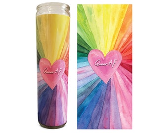 Queer AF Candle - LQBTQ+ Gay Pride Queer Lesbian Trans Rainbow - Funny, Novelty Gift - 8" white, unscented, glass