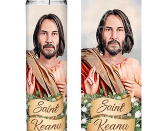 Saint Keanu Reeves Celebrity Prayer Devotional Parody Altar Matrix John Wick Candle, 8" white unscented