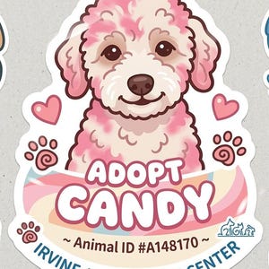 Puede incluir: Una pegatina con un perro de dibujos animados con pelaje rosa y blanco, ojos marrones y una expresión sonriente. La pegatina incluye el texto "ADOPT CANDY" y "IRVINE ANIMAL CARE CENTER."