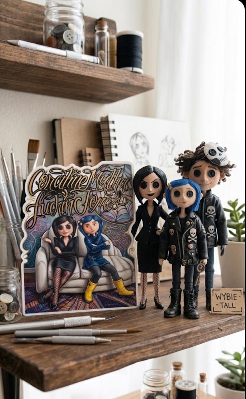 May include: A collection of handmade Coraline-themed dolls and artwork. The dolls feature detailed outfits and unique hairstyles. The artwork includes a sign with the text "Coraline Madha Fucking Jones" and illustrations. The items are displayed on a wooden shelf.